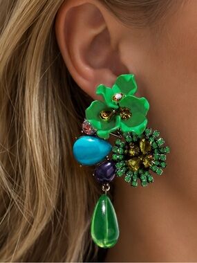 Zara Green Floral Drop Earrings with Turquoise & Amethyst Accents